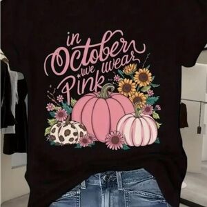 Black T-Shirt with Pink October Graphic Pumpkin Patch